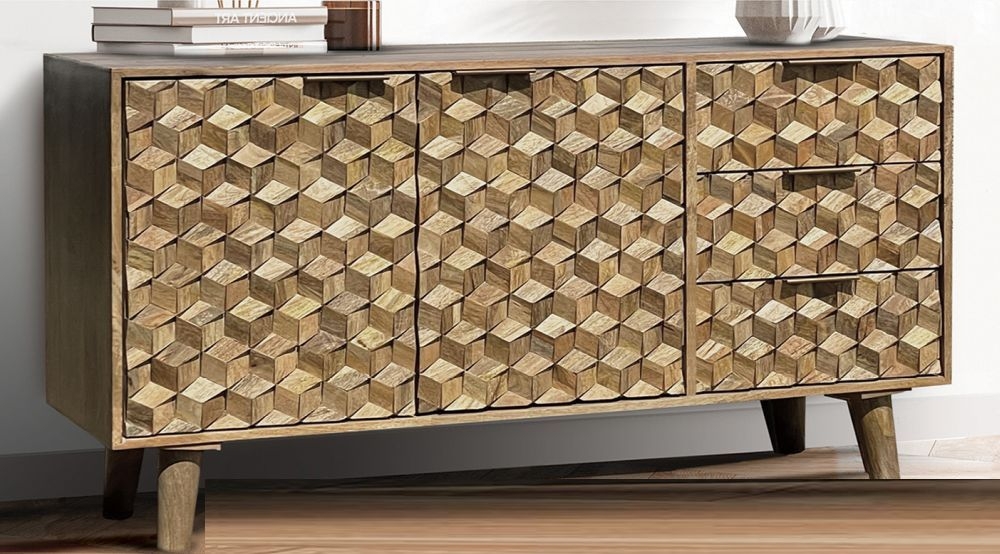 Product photograph of Geometric Carved Mango Wood Medium Sideboard - 2 Doors from Choice Furniture Superstore.