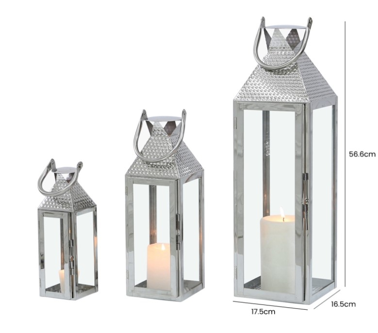 Product photograph of Value Set Of 3 Stainless Steel Lanterns With Beaten Nickel Set Of 2 from Choice Furniture Superstore.