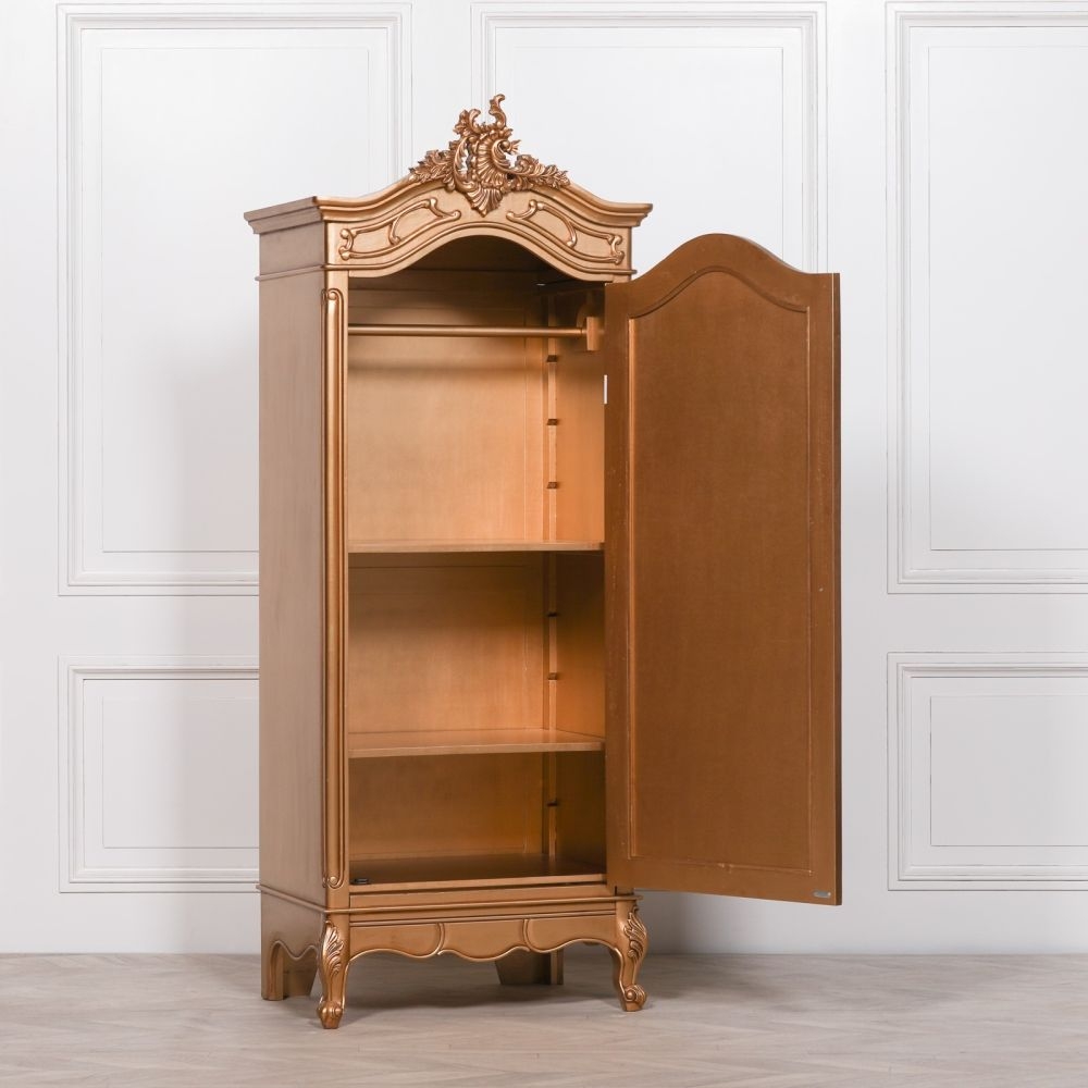 Product photograph of French Style Gold Carved Mirror Armoire Wardrobe - 1 Door from Choice Furniture Superstore.