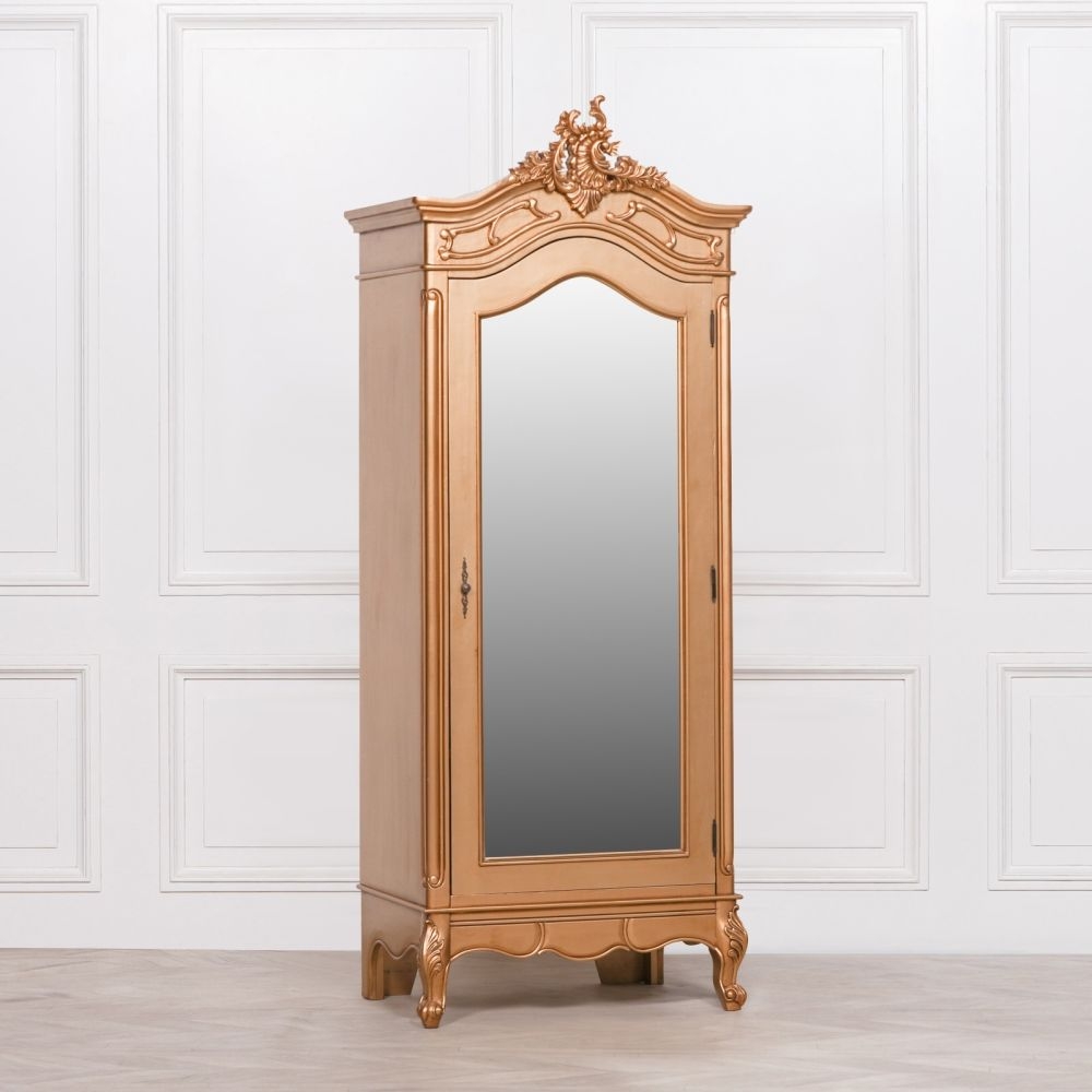 Product photograph of French Style Gold Carved Mirror Armoire Wardrobe - 1 Door from Choice Furniture Superstore.