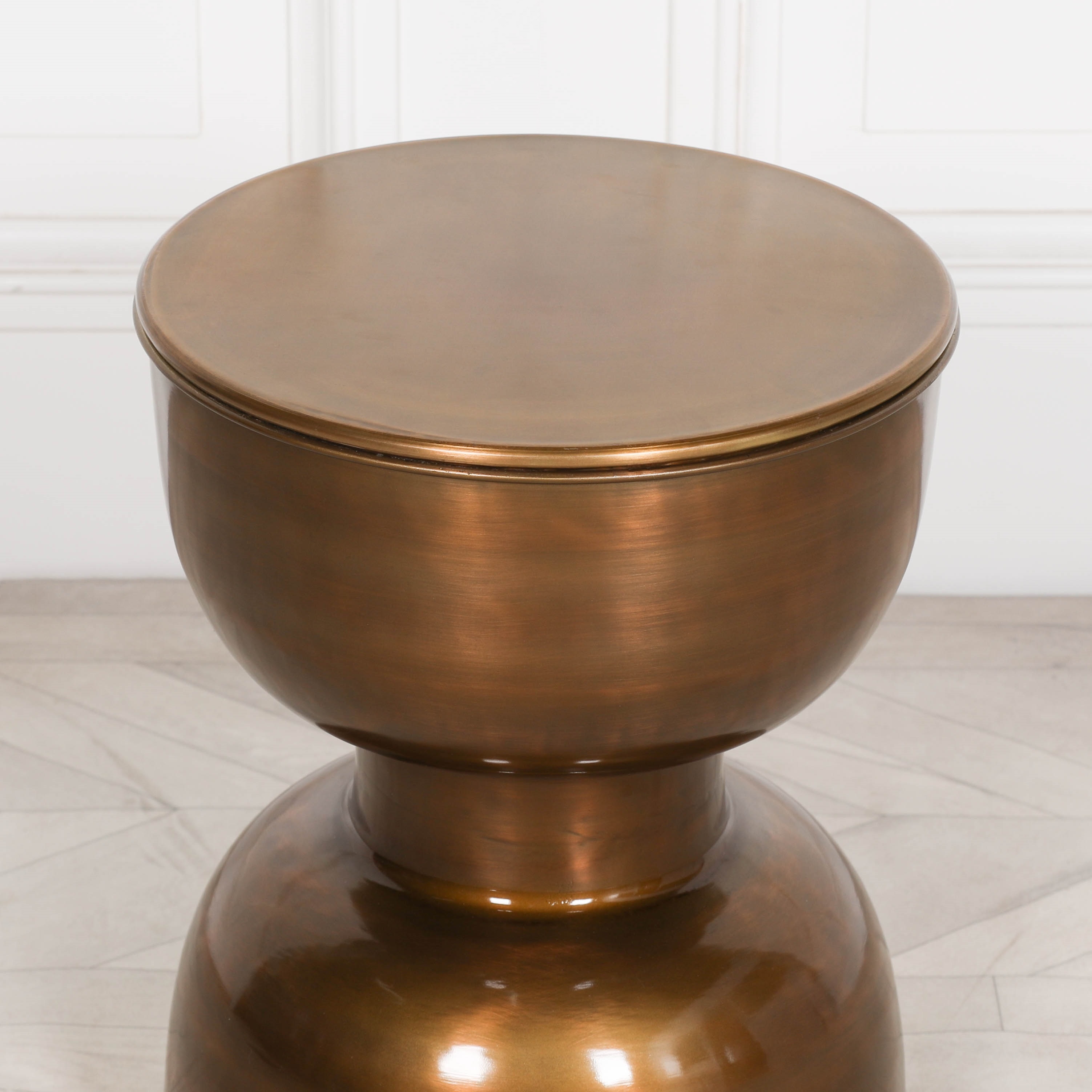 Product photograph of Antique Brass Hour Glass Round Side Table from Choice Furniture Superstore.