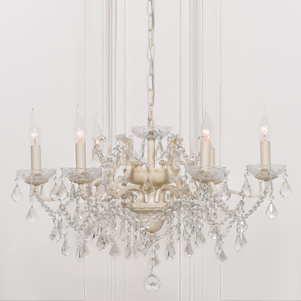 Product photograph of French Style Cream 6 Branch Shallow Cut Glass Chandelier from Choice Furniture Superstore.