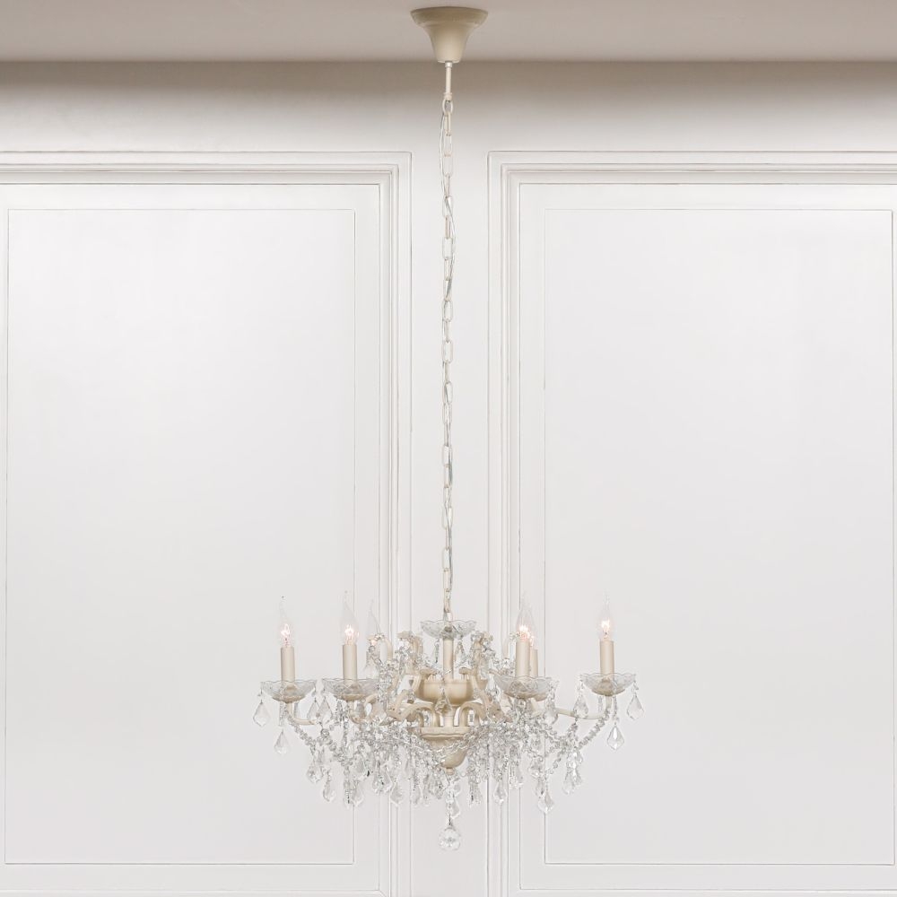 Product photograph of French Style Cream 6 Branch Shallow Cut Glass Chandelier from Choice Furniture Superstore.