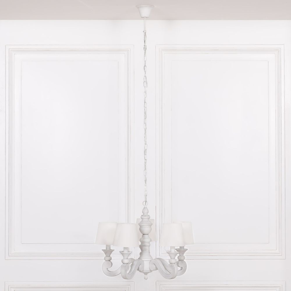 Product photograph of French Style Distressed White 5 Branch Chandelier With Shade from Choice Furniture Superstore.