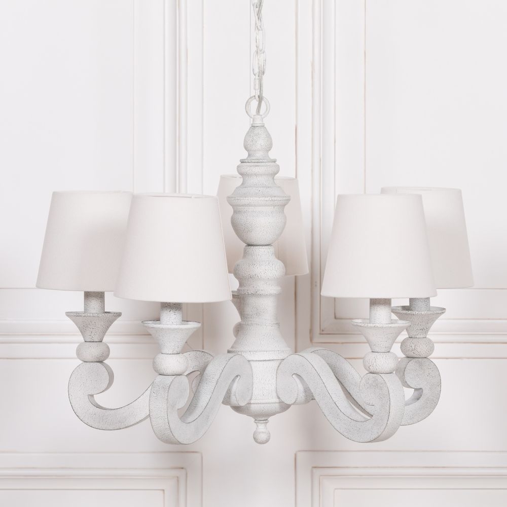 Product photograph of French Style Distressed White 5 Branch Chandelier With Shade from Choice Furniture Superstore.