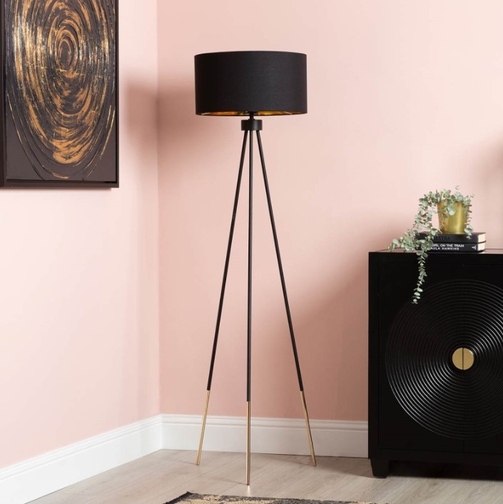 Product photograph of Black And Gold Tripod Floor Lamp With Black Linen Shade from Choice Furniture Superstore.