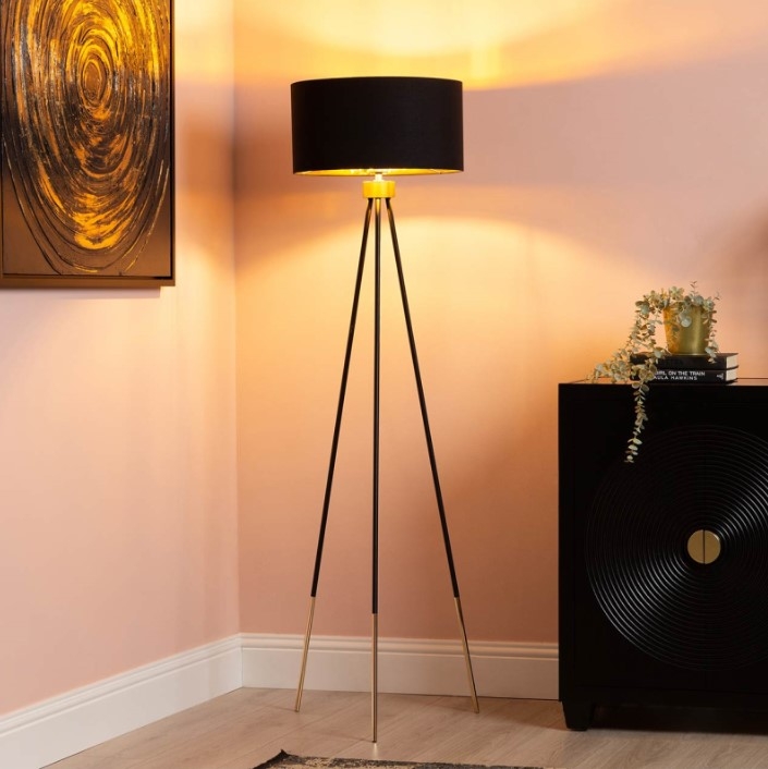 Product photograph of Black And Gold Tripod Floor Lamp With Black Linen Shade from Choice Furniture Superstore.