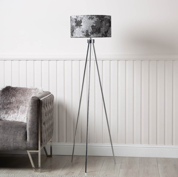 Product photograph of Chrome Tripod Floor Lamp Black And White Linen Shade from Choice Furniture Superstore.