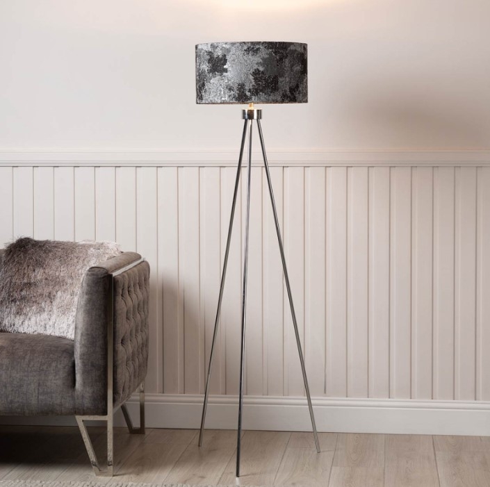 Product photograph of Chrome Tripod Floor Lamp Black And White Linen Shade from Choice Furniture Superstore.