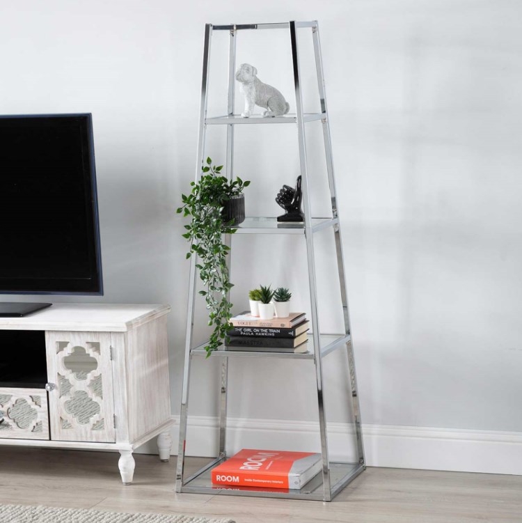 Product photograph of Logan Medium Glass And Chrome Ladder Display Unit from Choice Furniture Superstore.