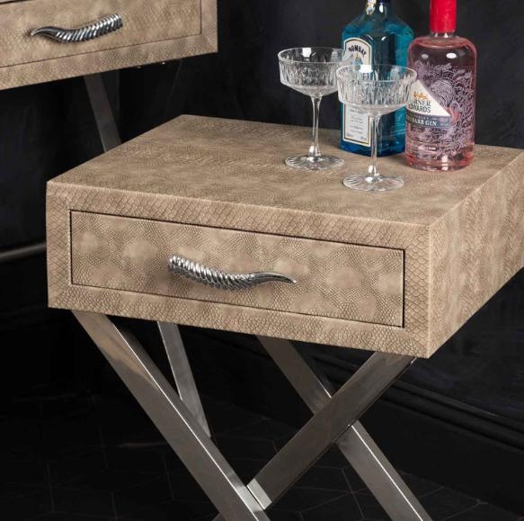 Product photograph of Taupe Faux Snake Leather 1 Drawer End Table from Choice Furniture Superstore.
