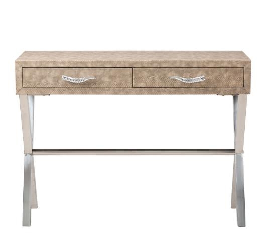 Product photograph of Taupe Faux Snake Leather 2 Drawer Console Table from Choice Furniture Superstore.