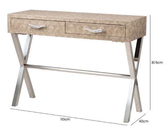 Product photograph of Taupe Faux Snake Leather 2 Drawer Console Table from Choice Furniture Superstore.