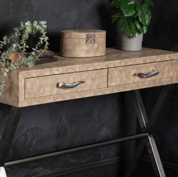 Product photograph of Taupe Faux Snake Leather 2 Drawer Console Table from Choice Furniture Superstore.