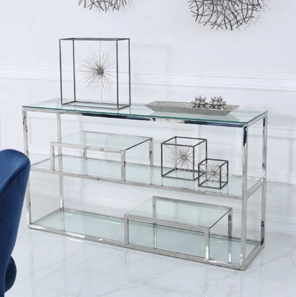 Product photograph of Harry Tier Glass And Chrome Console Table from Choice Furniture Superstore.