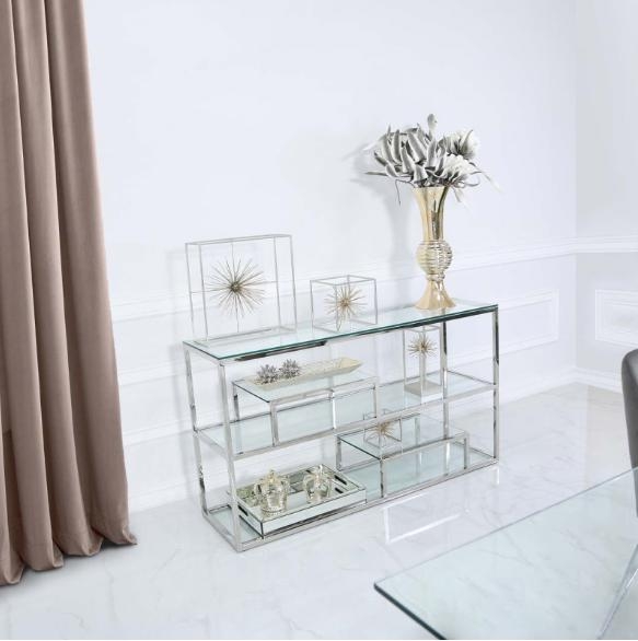 Product photograph of Harry Tier Glass And Chrome Console Table from Choice Furniture Superstore.