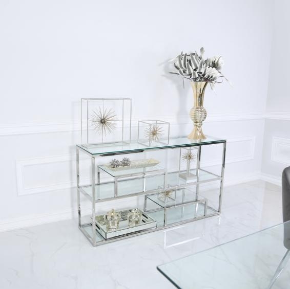 Product photograph of Harry Tier Glass And Chrome Console Table from Choice Furniture Superstore.