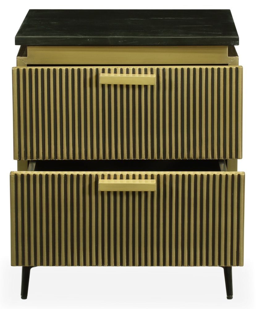 Product photograph of Glam Flute Gold 2 Drawer Bedside Cabinet With Black Marble Top from Choice Furniture Superstore.
