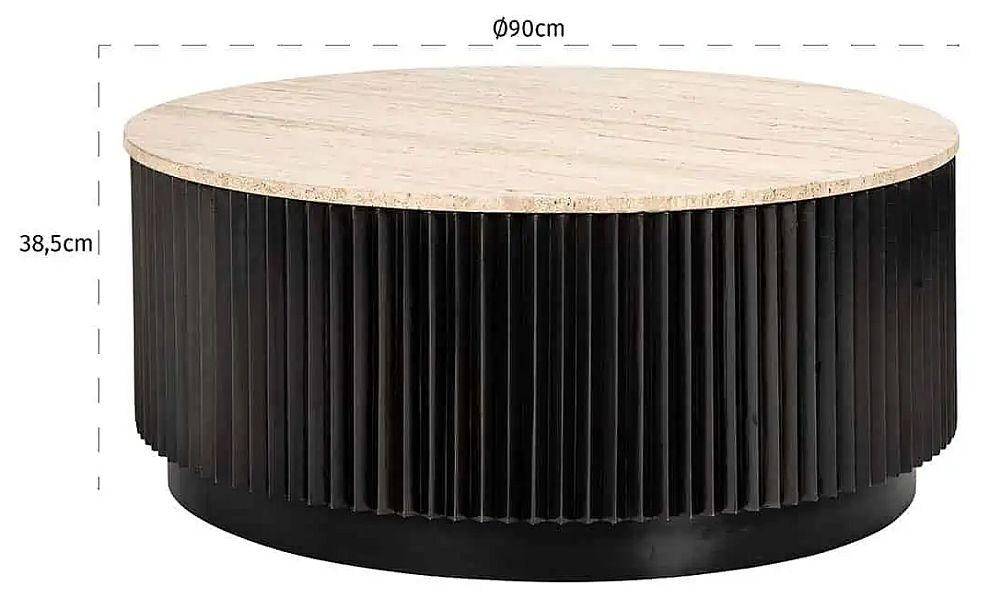 Product photograph of Hampton Travertine Marble And Black Fluted Ribbed Round Coffee Table from Choice Furniture Superstore.