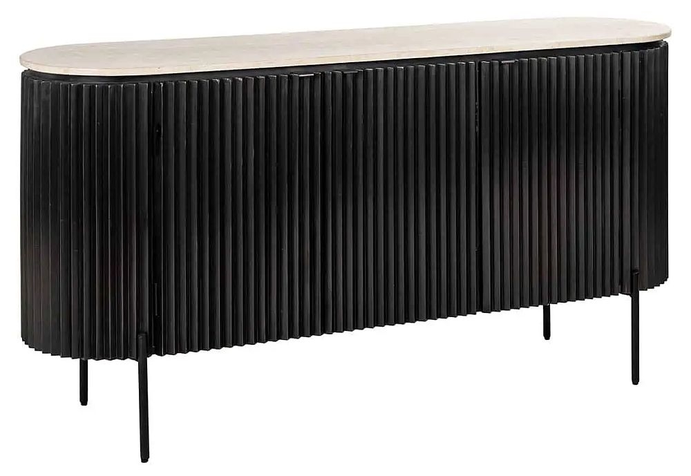 Product photograph of Hampton Travertine Marble And Black Fluted Ribbed 3 Door Large Sideboard from Choice Furniture Superstore.