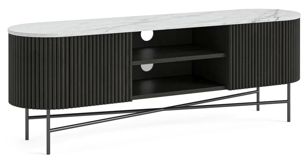 Product photograph of Carra Marble Tv Unit White Top With Black Fluted Ribbed Drum Base from Choice Furniture Superstore.