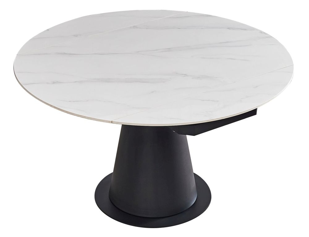Product photograph of Carrara White Sintered Stone Top 135cm Dia Drop Leaf Round Dining Table With Black Pedestal Base from Choice Furniture Superstore.
