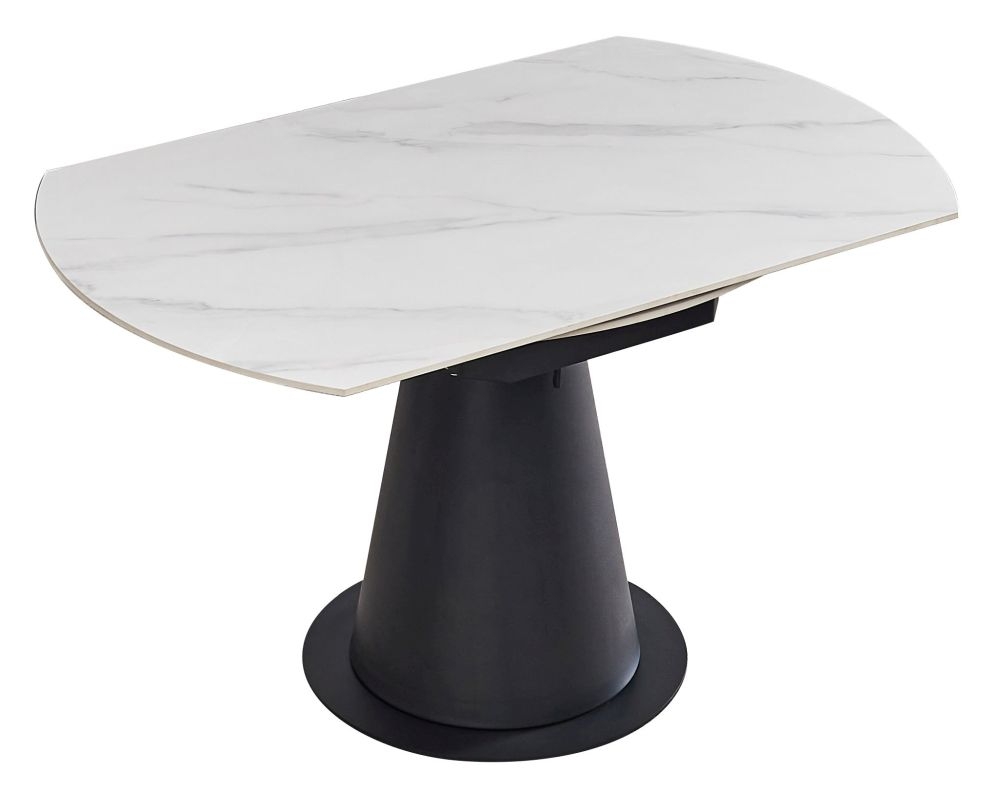Product photograph of Carrara White Sintered Stone Top 135cm Dia Drop Leaf Round Dining Table With Black Pedestal Base from Choice Furniture Superstore.