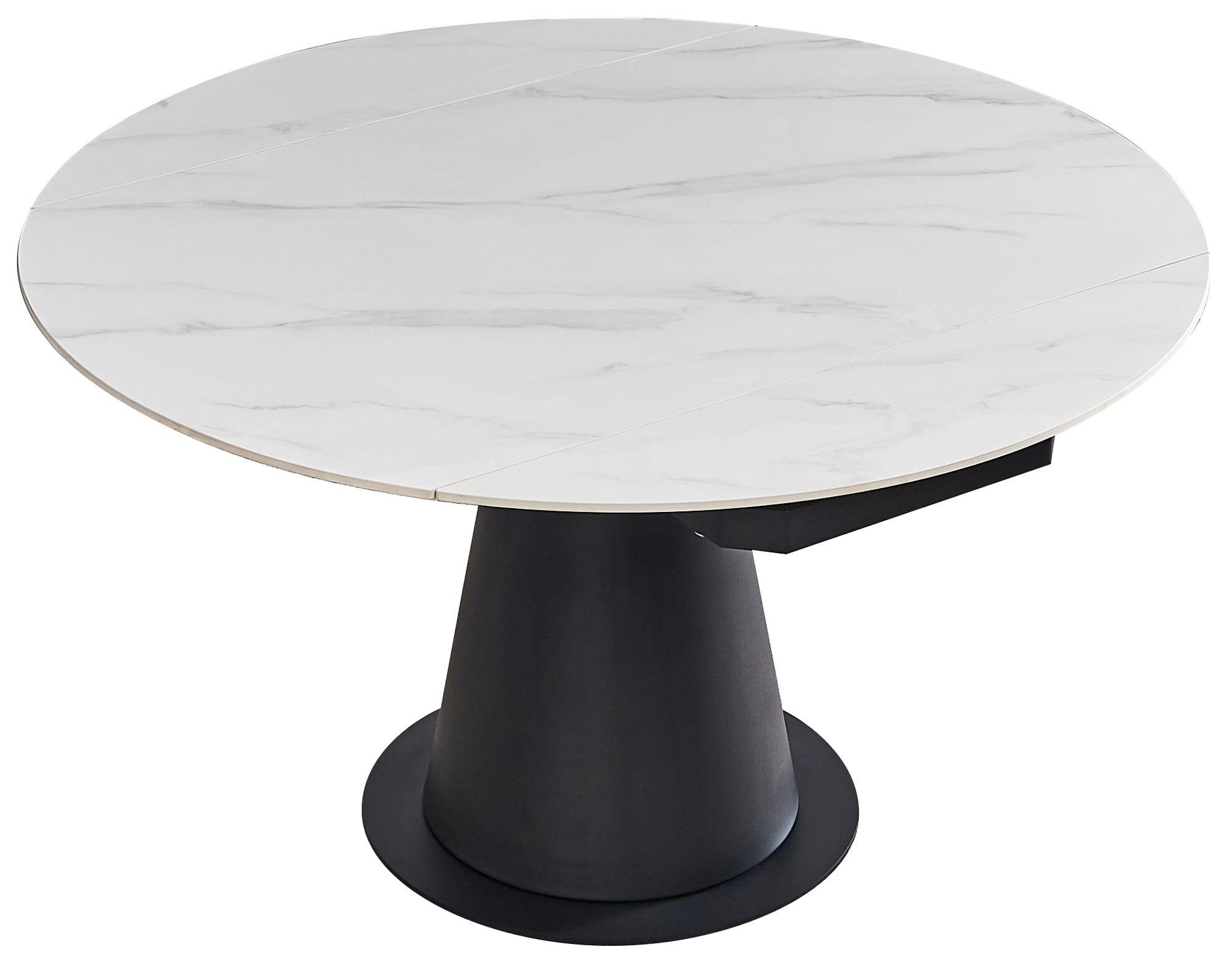 Product photograph of Carrara White Sintered Stone Top 135cm Dia Drop Leaf Round Dining Table With Black Pedestal Base - 4 Seater from Choice Furniture Superstore.