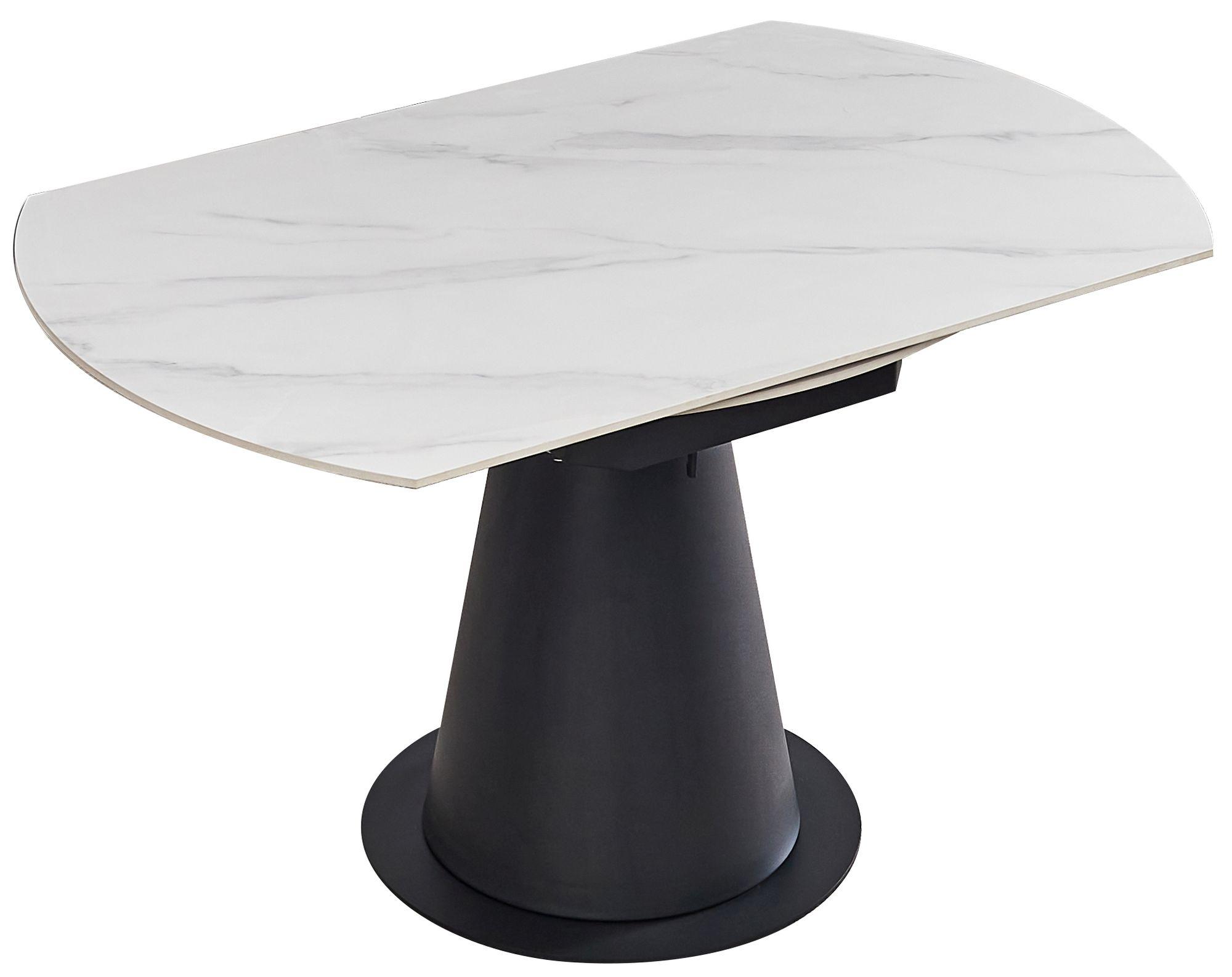 Product photograph of Carrara White Sintered Stone Top 135cm Dia Drop Leaf Round Dining Table With Black Pedestal Base - 4 Seater from Choice Furniture Superstore.