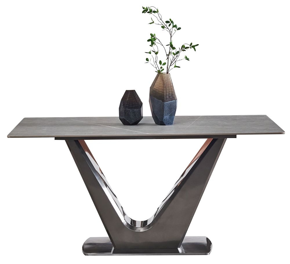Product photograph of Camilla Armani Grey Sintered Stone Top 140cm Dining Table With V Pedestal Base from Choice Furniture Superstore.