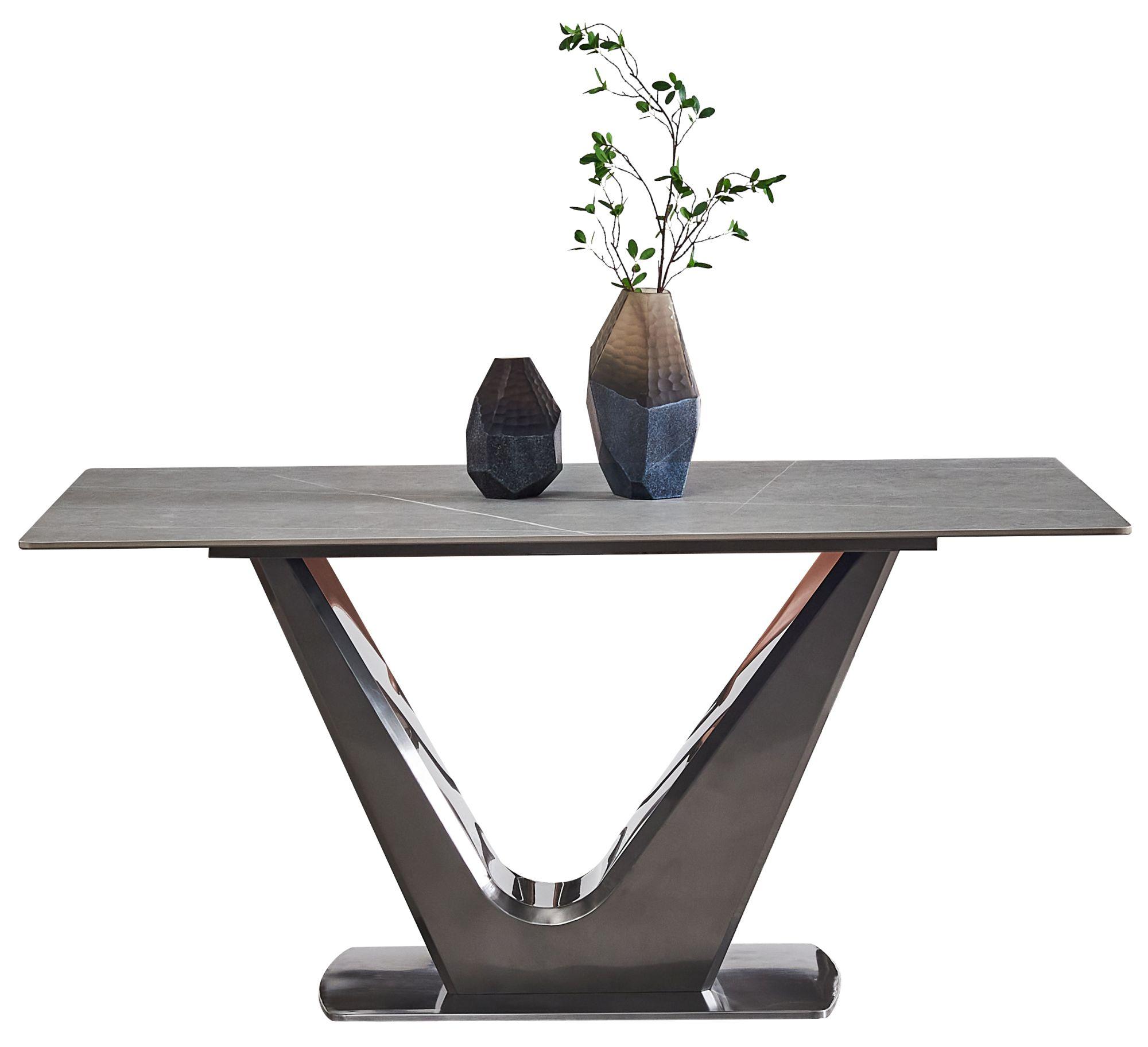 Product photograph of Camilla Armani Grey Sintered Stone Top 140cm Dining Table With V Pedestal Base - 4 Seater from Choice Furniture Superstore.
