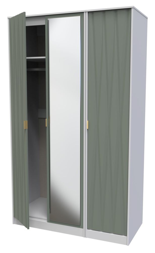Product photograph of Las Vegas Matt White And Reed Green 3 Door Tall Mirror Wardrobe from Choice Furniture Superstore.