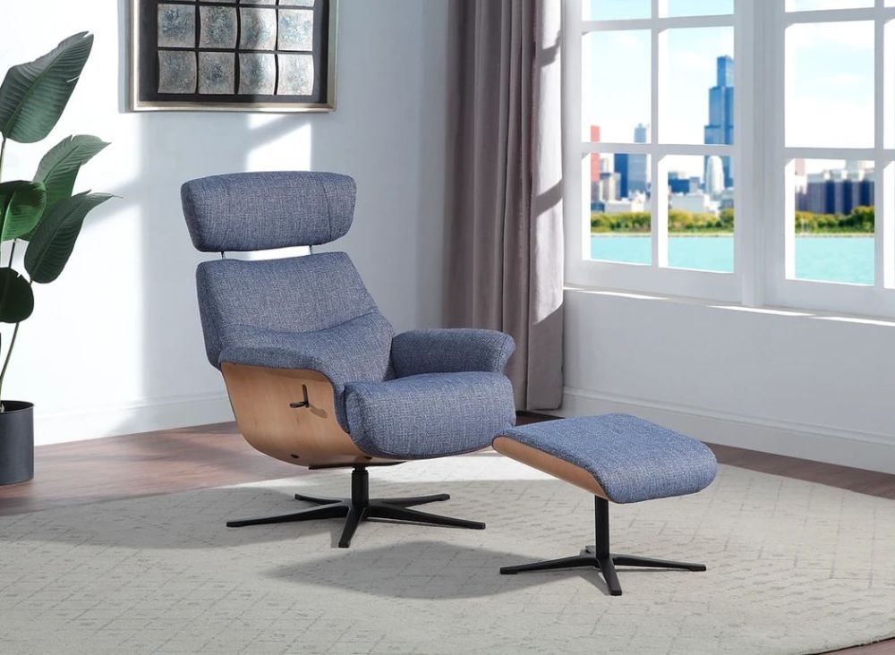 Product photograph of Gfa Boden Swivel Recliner Chair With Footstool - Denim Blue Fabric from Choice Furniture Superstore.