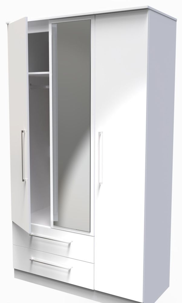 Product photograph of Worcester White Gloss 3 Door 2 Drawer Tall Mirror Wardrobe from Choice Furniture Superstore.