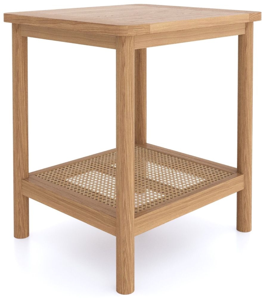 Product photograph of Henley Oak And Rattan Side Table With Bottom Shelf from Choice Furniture Superstore.