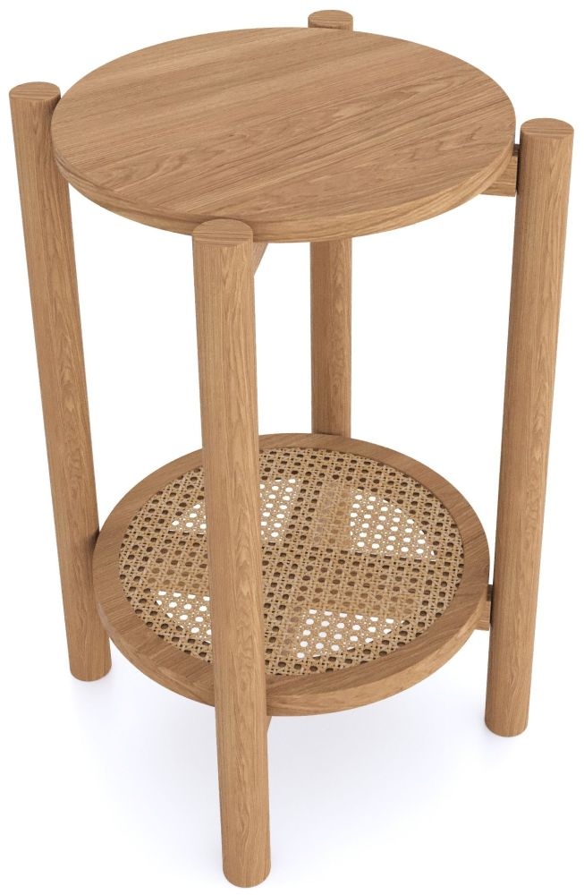 Product photograph of Henley Oak And Rattan Round Side Table With Bottom Shelf from Choice Furniture Superstore.