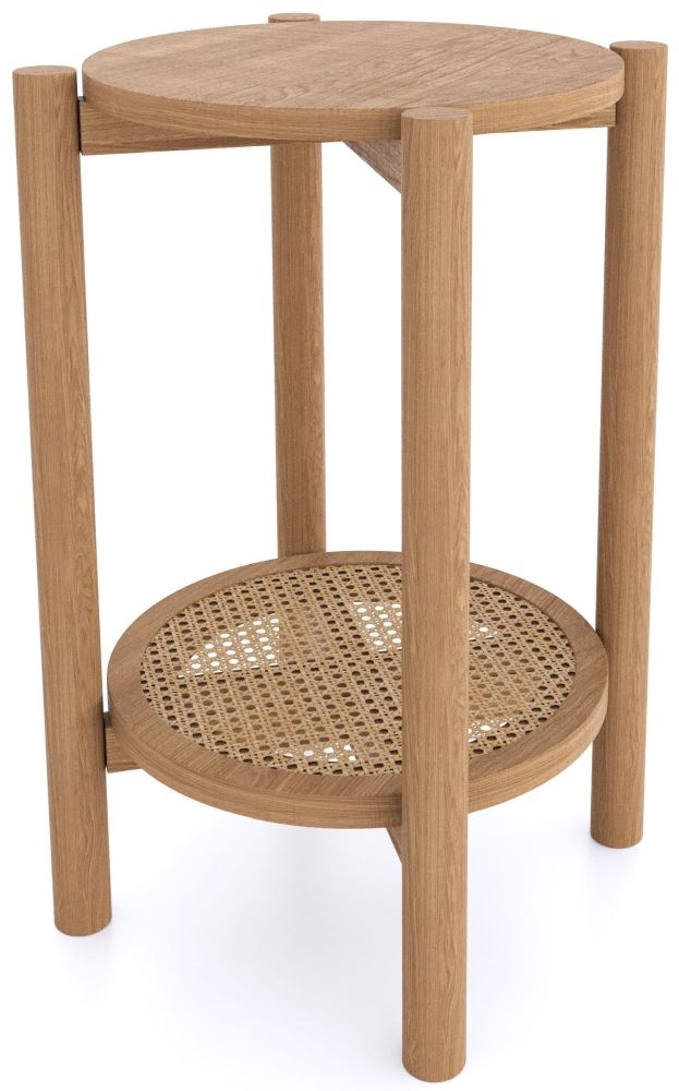 Product photograph of Henley Oak And Rattan Round Side Table With Bottom Shelf from Choice Furniture Superstore.