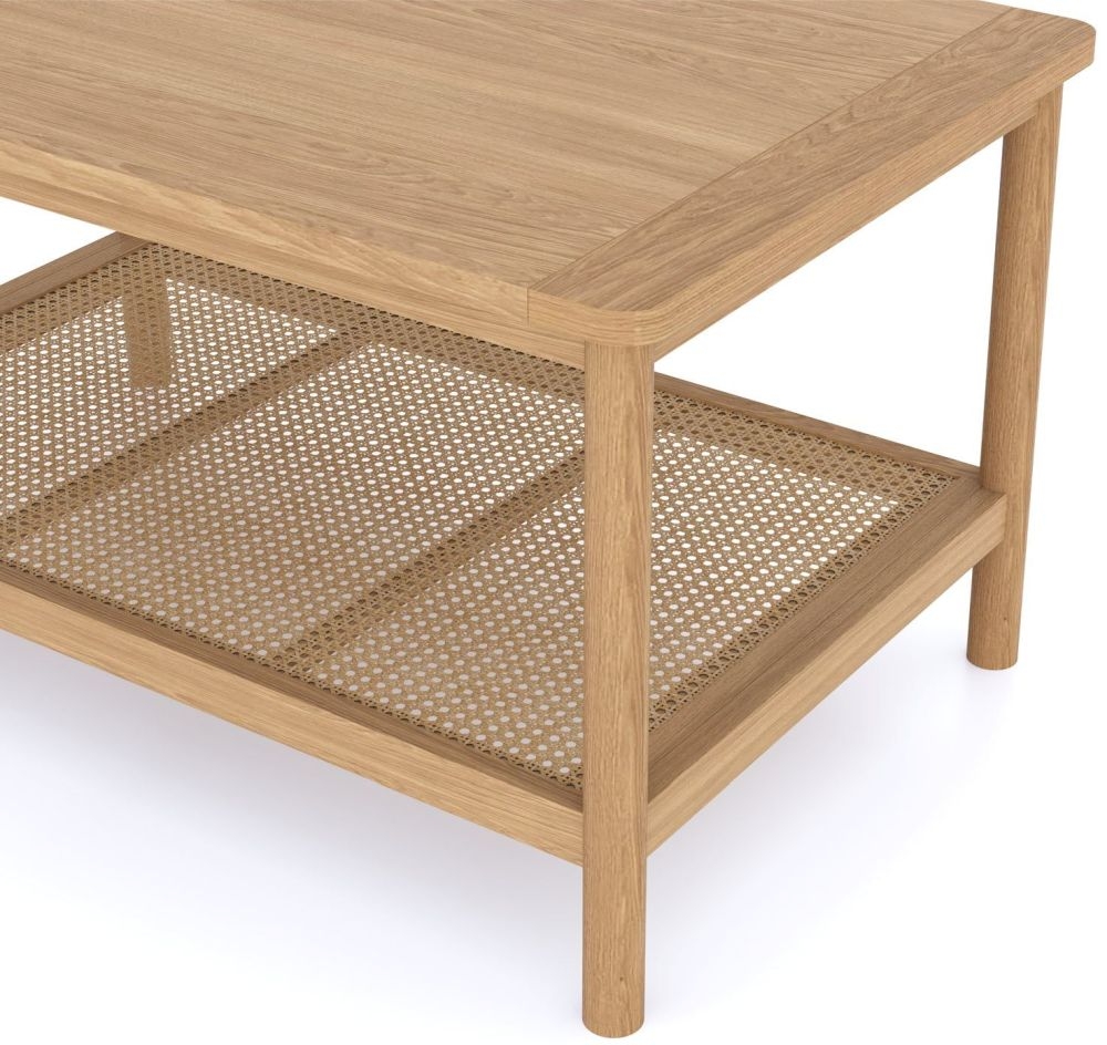 Product photograph of Henley Oak And Rattan Coffee Table With Bottom Shelf from Choice Furniture Superstore.