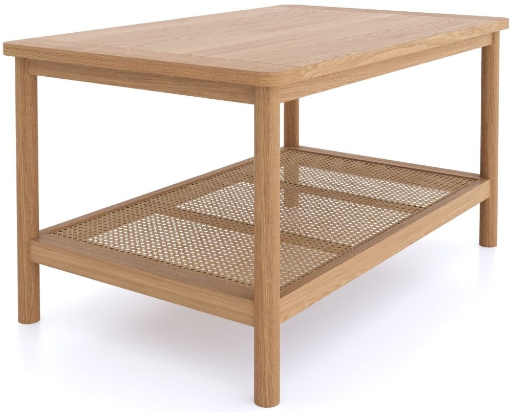 Product photograph of Henley Oak And Rattan Coffee Table With Bottom Shelf from Choice Furniture Superstore.