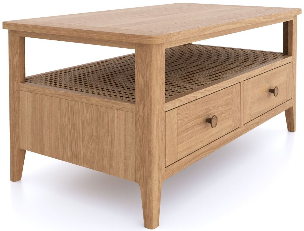 Product photograph of Henley Oak And Rattan Coffee Table With 2 Drawers Storage from Choice Furniture Superstore.