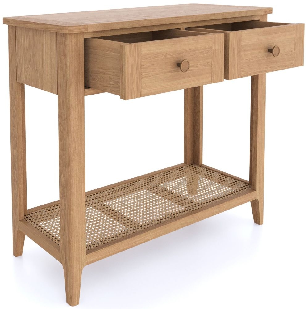 Product photograph of Henley Oak And Rattan Console Table 2 Drawers With Bottom Shelf from Choice Furniture Superstore.