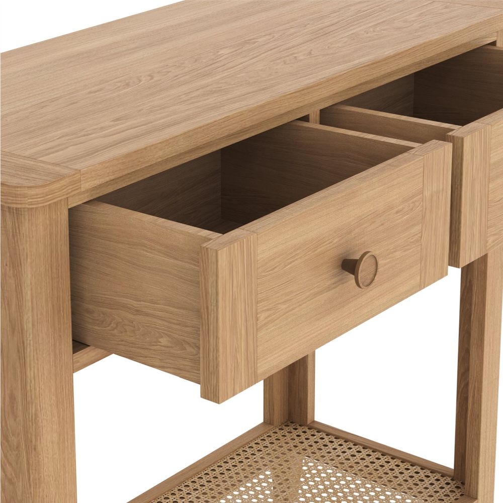 Product photograph of Henley Oak And Rattan Console Table 2 Drawers With Bottom Shelf from Choice Furniture Superstore.