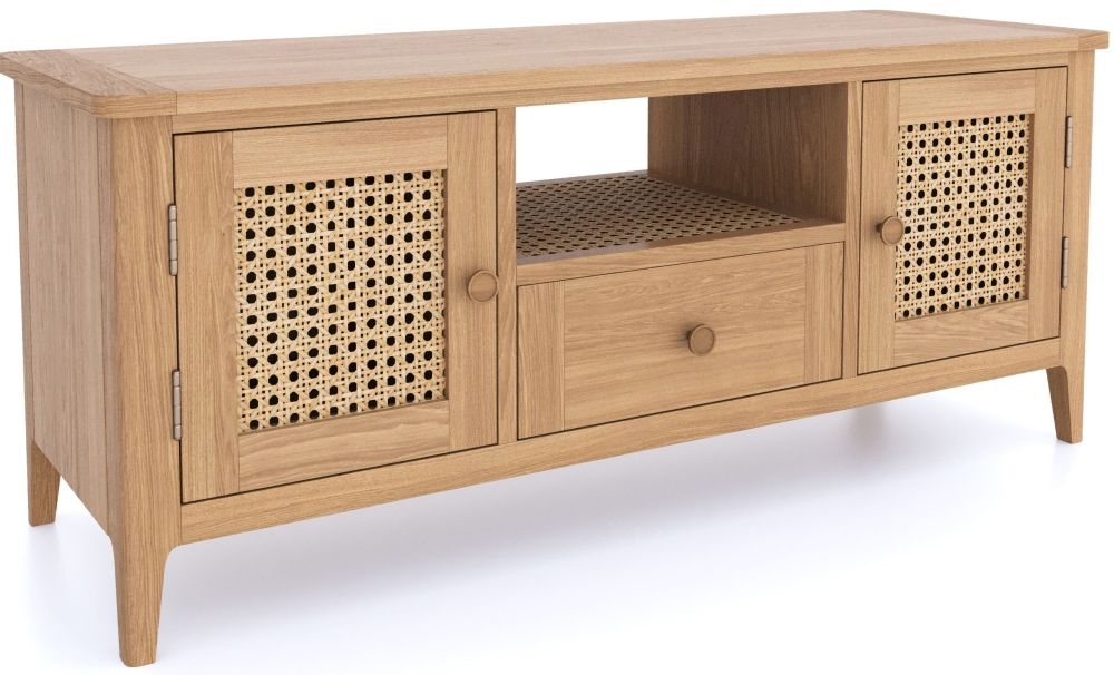 Product photograph of Henley Oak And Rattan Tv Unit 120cm W With Storage For Television Upto 55in Plasma from Choice Furniture Superstore.