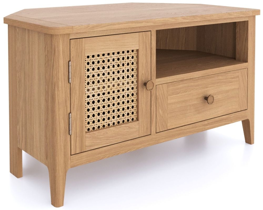 Product photograph of Henley Oak And Rattan Corner Tv Unit 90cm W With Storage For Television Upto 32in Plasma from Choice Furniture Superstore.
