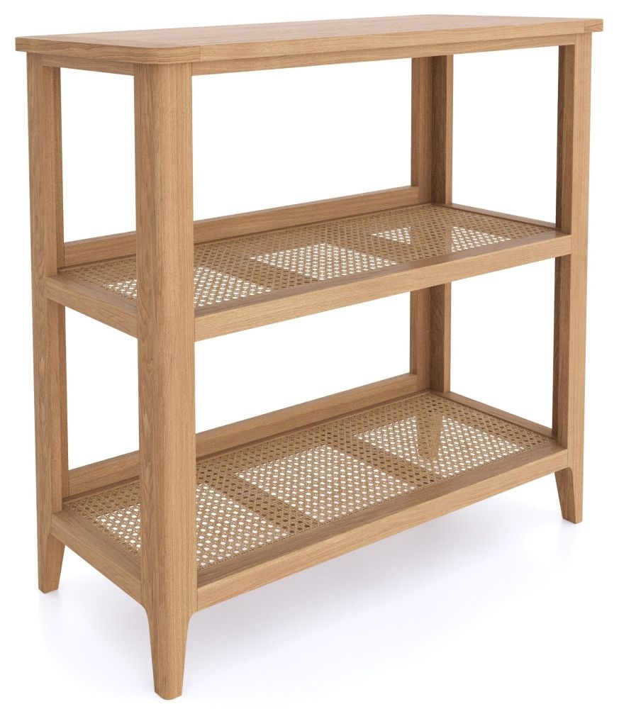 Product photograph of Henley Oak And Rattan Low Bookcase Open Bookshelf 80cm H from Choice Furniture Superstore.