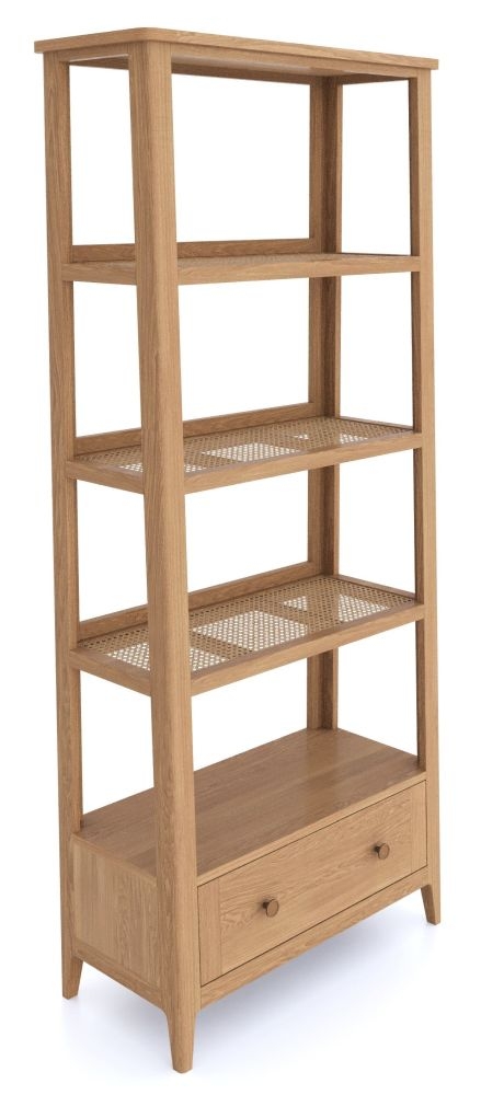 Henley Oak and Rattan Tall Bookcase, Shelving Unit 179cm H with 1 Storage Drawer