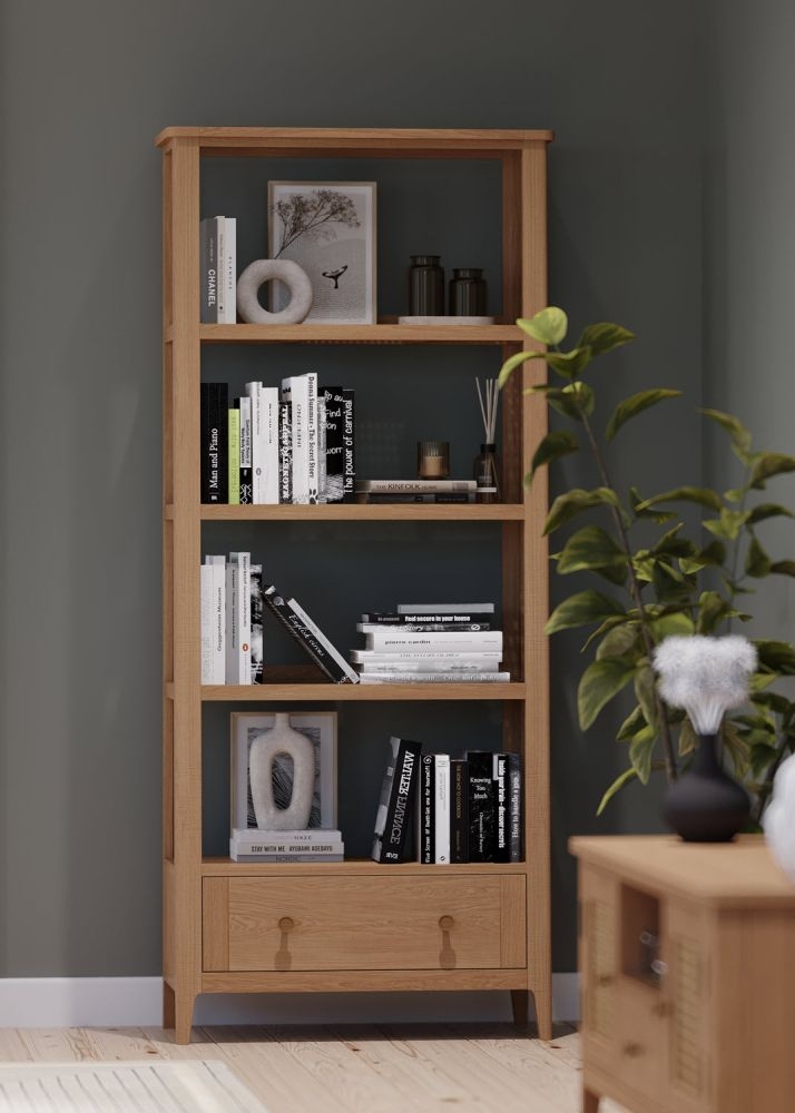 Henley Oak and Rattan Tall Bookcase, Shelving Unit 179cm H with 1 Storage Drawer