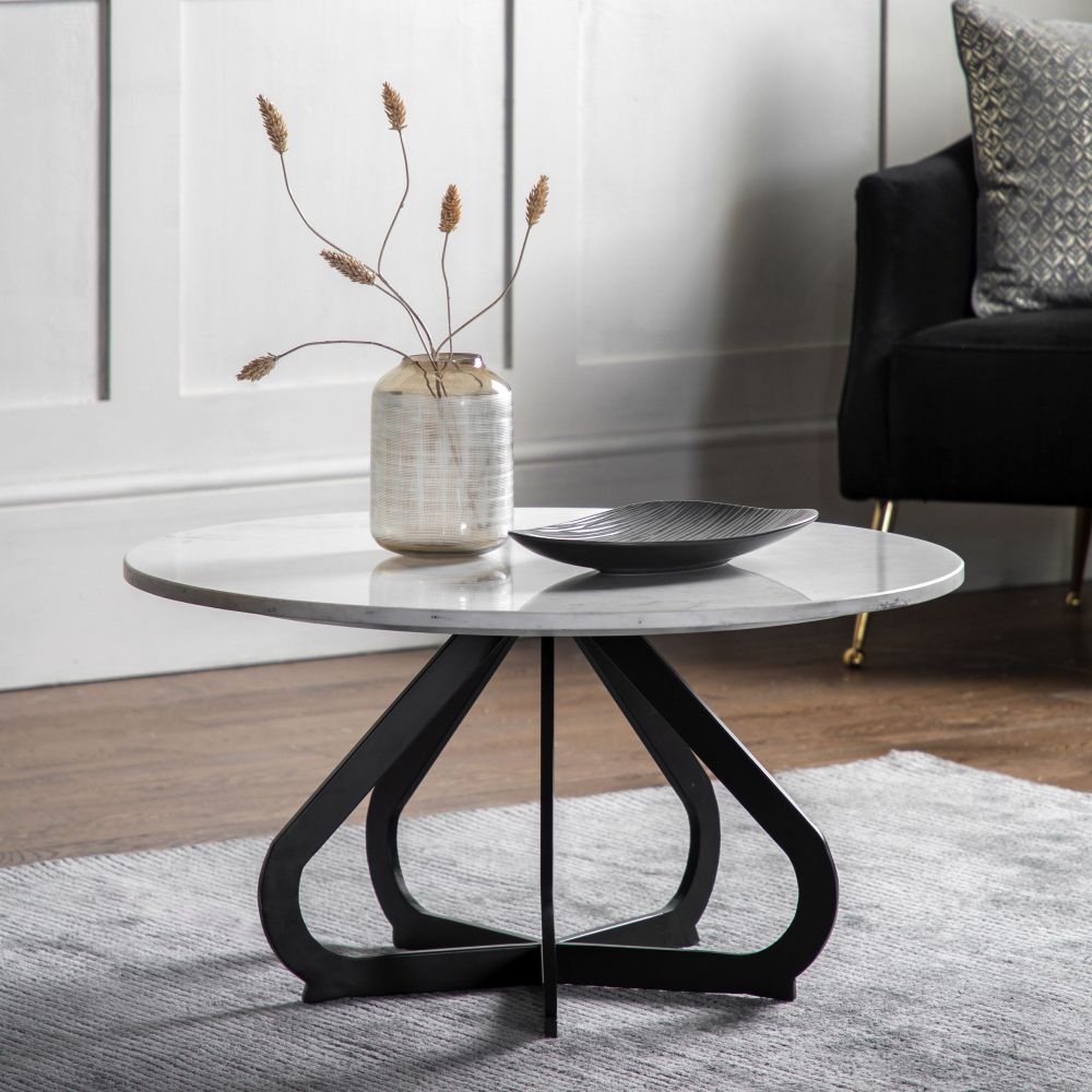 Product photograph of Kaisley White Marble Round Coffee Table - Comes In Black Base And Gold Base Options from Choice Furniture Superstore.