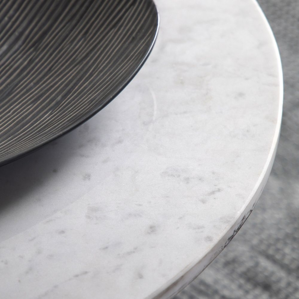 Product photograph of Moorgate White Marble Round Coffee Table - Comes In Black Base And Gold Base Options from Choice Furniture Superstore.
