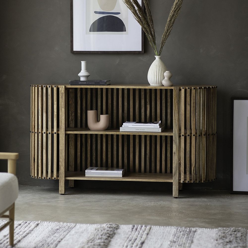 Product photograph of Alisson Natural Mango Wood And Metal Slatted Console Table from Choice Furniture Superstore.